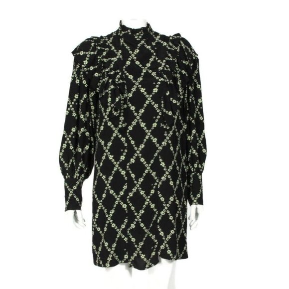 NWT GANNI Crepe Floral Print Mini Dress in Black Margarita Ruffle  sz 36 /655 - Picture 3 of 10
